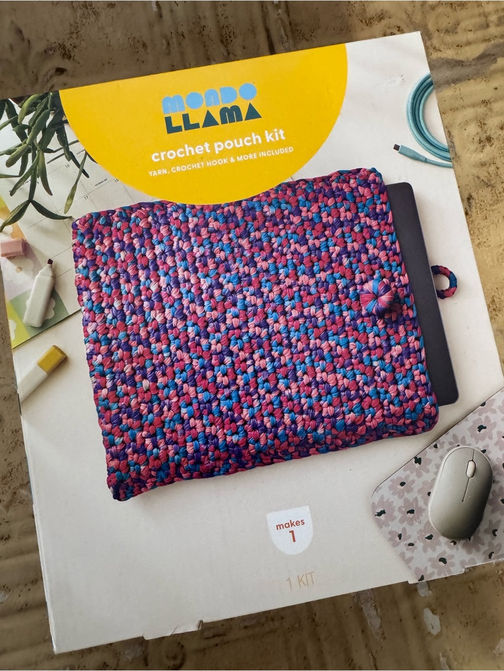Mondo Llama Crochet Pouch Kit – Pink & Blue Multicolor Tablet Sleeve Craft Kit